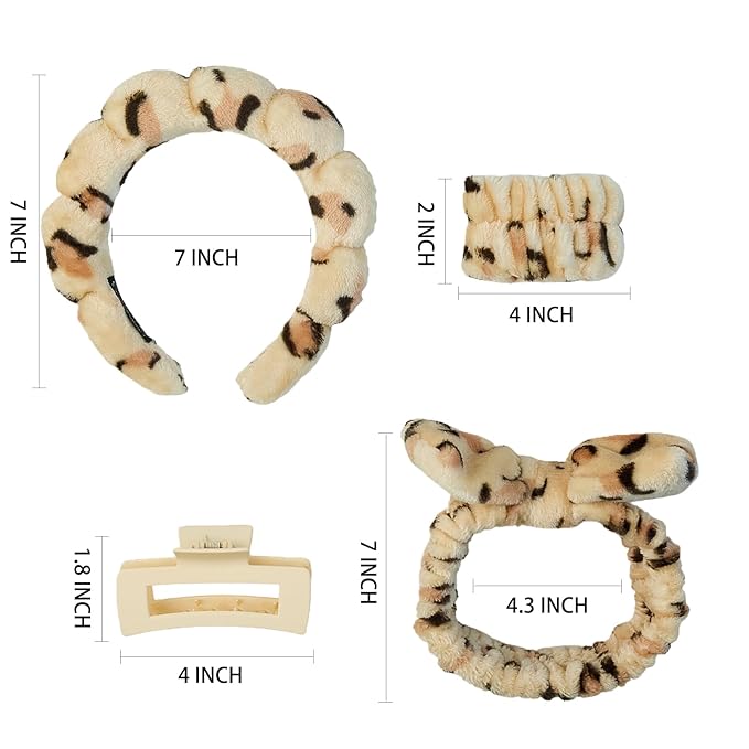7 Pcs Spa Set, Facial Headband and Wristband Set, Skincare Accessories, College Style Girl Gift, Hair Accessories for Women and Girls（Leopard）