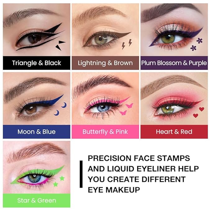 7Pcs Colored Liquid Eyeliners with Face Stamps – Black Brown Purple Blue Red Pink Green Star Flower Heart Moon Triangle Stamps for Cosplay & Gothic Makeup – Beginner-Friendly (multicolor-7Pcs-set01)