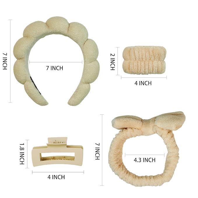 7 Pcs Spa Set, Facial Headband and Wristband Set, Skincare Accessories, College Style Girl Gift, Hair Accessories for Women and Girls (Khaki)