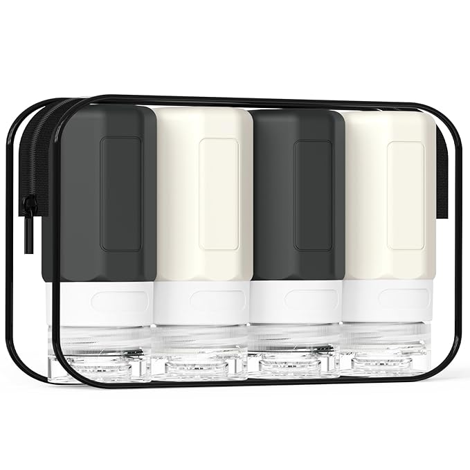 2 oz Travel Bottles, Small Travel Size Containers, TSA Approved Silicone Travel Toiletries Bottles, Shampoo and Conditioner Travel Kit for Women (Black-white)