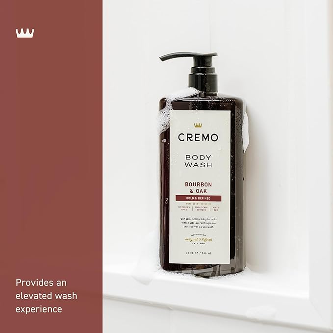 Cremo Rich-Lathering Bourbon & Oak Body Wash for Men, Notes of Distillers Spice, Fine Bourbon and White Oak, 32 Fl Oz