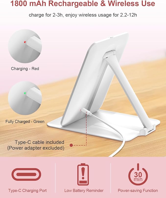 Gospire Travel Makeup Mirror with Lights and Magnification 10X, Portable Make Up Compact Tabletop with Adjustable Stand, 3 Colored Light Rechargeable Lighted LED Cosmetic Vanity- White