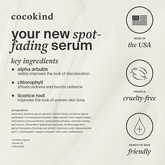 Cocokind Chlorophyll Discoloration Serum, Sensitive Skin Friendly Spot Fading Serum to Target Spots, Uneven Tone, and Redness, 1 fl oz