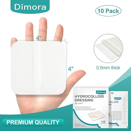 Dimora Hydrocolloid Dressing 4" x 4" for Wound Care, 10 Pcs Large Patch Bandages with Self-Adhesive for Bedsore, Burn, Blister, Acne Care, Super Absorbent for Fast Healing