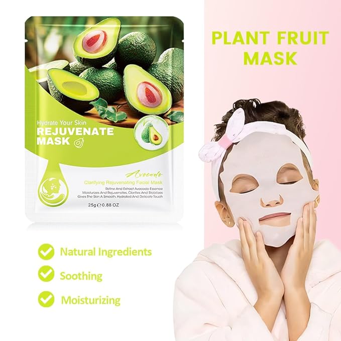 8 Pack Avocado Face Sheet Mask Skincare,Hydrating Face Mask For Sensitive Skin,Moisturize,Soothing,Nourish for All Skin Types,Natural Spa Party Facial Mask Skincare Set for Women Men Girls