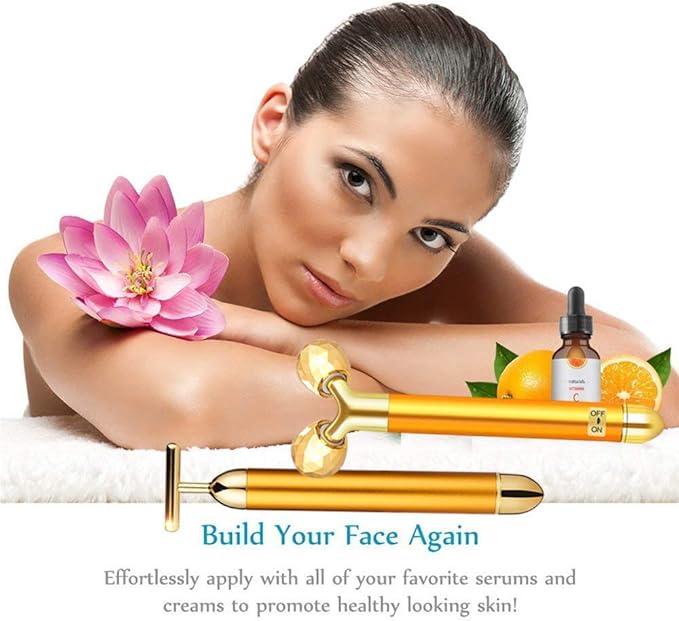 2-in-1 Electric Face Massager 24k Golden Facial Massager, 3D Roller and T Shape Facial Roller Massager Kit Skin Care Tools