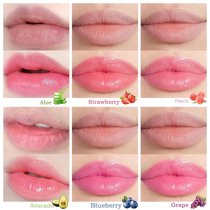 BINGBRUSH Peach Color Changing Lipstick,Moisturizer Long Lasting Lip Care Lip Balm Magic Lip Gloss Lip Tint Stain Gloss Set for Women (6Pcs Aloe Vera + Strawberry + Peach + Avocado+ Blueberry + Grape)