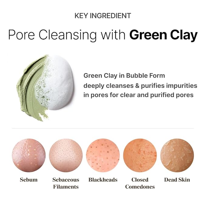 MENOKIN Cotton Cloud Bubble Cleanser [Pore Clear] Green Clay, Low pH, Deep Pore Cleanser for Sensitive Skin, Hydrating & Non-Stripping, Gentle Face Wash, Foaming bubbles, Korean Skincare 5.07 fl oz