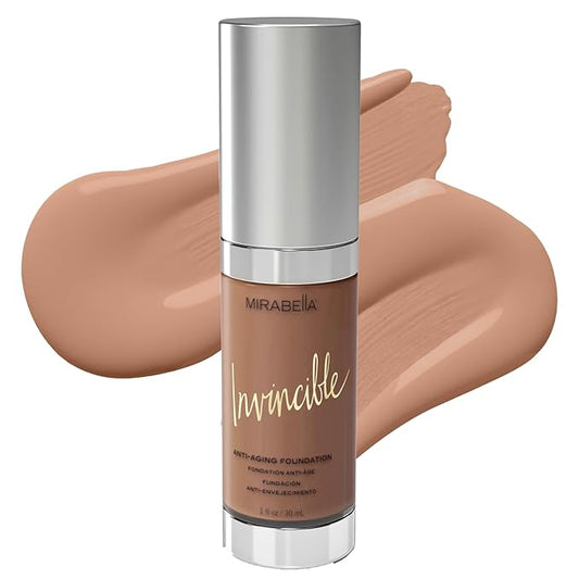 Mirabella Invincible For All HD Liquid Foundation - Anti-Aging Full Coverage Liquid Face Makeup - Moisturizing, Hydrating & Lightweight Foundation for All Skin Types (Mocha VI, Original Packaging)