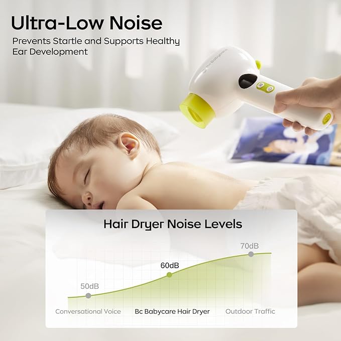 Bc Babycare Gentle Cordless Hair Dryer for Baby and Kids, Quiet Portable Mini Blow Dryer for Infant, Children Hair Dryer, Low Heat/Speed with 4 Model for Hair Diaper and Full Body (Green)