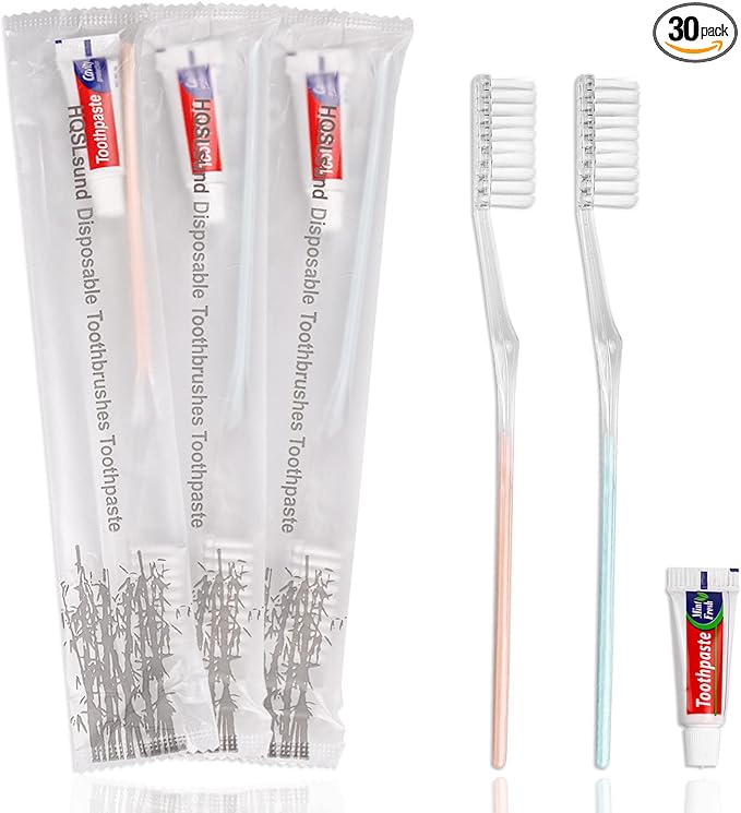 30 Pack Disposable Toothbrushes with Toothpaste, Individually Wrapped Bulk Medium Soft Bristle Tooth Brush Manual Travel Toothbrush Kit Bulk, White, 0.5 kilograms