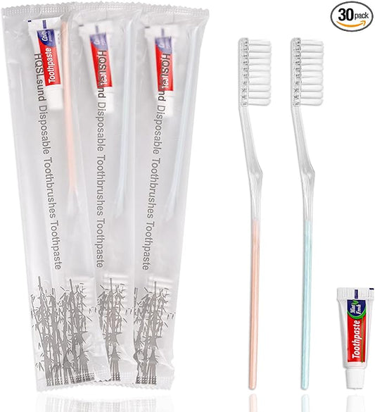 30 Pack Disposable Toothbrushes with Toothpaste, Individually Wrapped Bulk Medium Soft Bristle Tooth Brush Manual Travel Toothbrush Kit Bulk, White, 0.5 kilograms