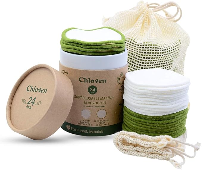 Chloven Reusable Makeup Remover Pads 24 Pack - Washable Eco-Friendly Bamboo Velour Pads for All Skin Types,Bamboo Reusable Cotton Rounds for Toner, with Cotton Laundry Bag and Round Box for Storage