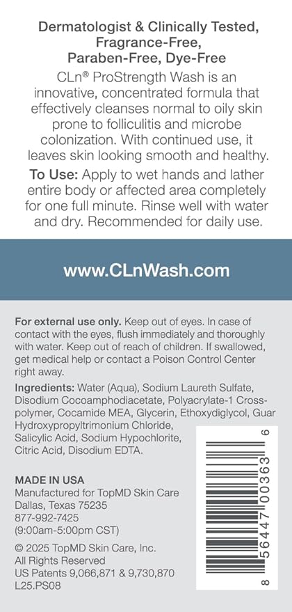 CLn® ProStrength Wash - PH-Balanced and Formulated for Daily Use with Salicylic Acid to Cleanse and Exfoliate Normal to Oily Skin for Men and Women with Body Odor, 8 fl oz.