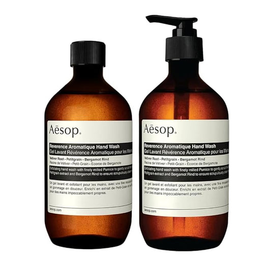 Aesop Reverence Aromatique Hand Wash + Refill | Gentle Exfoliating Hand Wash with Botanical Extracts And Finely Milled Pumice | 16.9oz / 500 mL (Pack of 2)