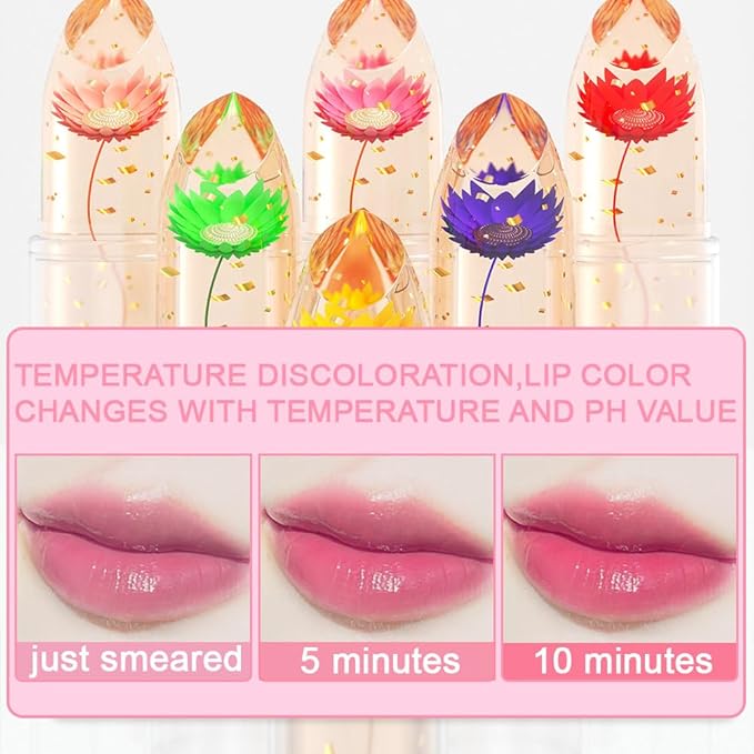 BINGBRUSH 3 Pcs Crystal Flower Jelly Color Changing Lipstick,Long Lasting Lip Care Moisturizer Lip Balm Magic Color Change Lip Gloss Lip Tint Stain Matte Makeup Lipstick
