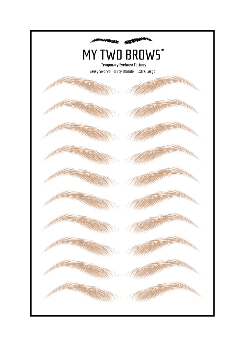 (10 pairs) Dirty Blonde Temporary Eyebrow Tattoo - Extra Large Size - Waterproof & Smudgeproof - Sassy Swerve Style Eyebrow Stickers - Sheet Lasts up to 30 Days - Won't Work on Existing Brows