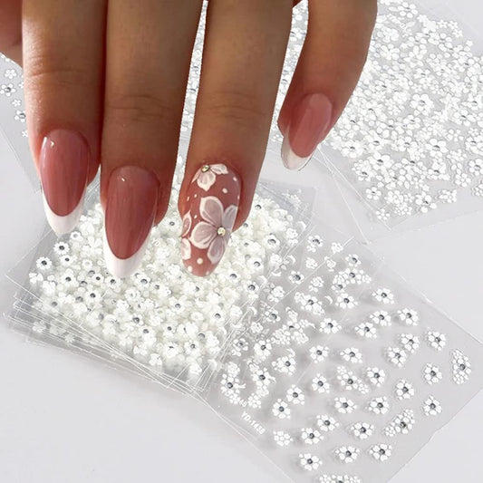 30 Sheets White Flower Nail Art Stickers, White Flower with Rhinestones Designs Nail Decals 3D Self Adhesive Nail Stickers Nail Art Supplies for Nails Decorations