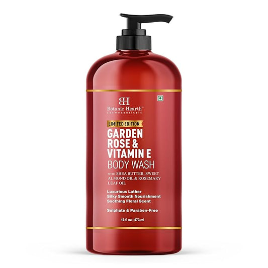 Botanic Hearth Garden Rose & Vitamin E Body Wash | Limited Edition, With Shea Butter, Sweet Almond Oil & Rosemary Leaf Oil 16 Fl Oz (473 Ml) | Sulphate & Paraben|Free, Luxurious Lather
