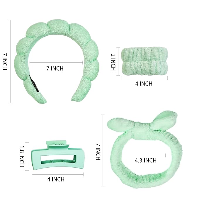 7 Pcs Spa Set, Facial Headband and Wristband Set, Skincare Accessories, College Style Girl Gift, Hair Accessories for Women and Girls（Light Green）