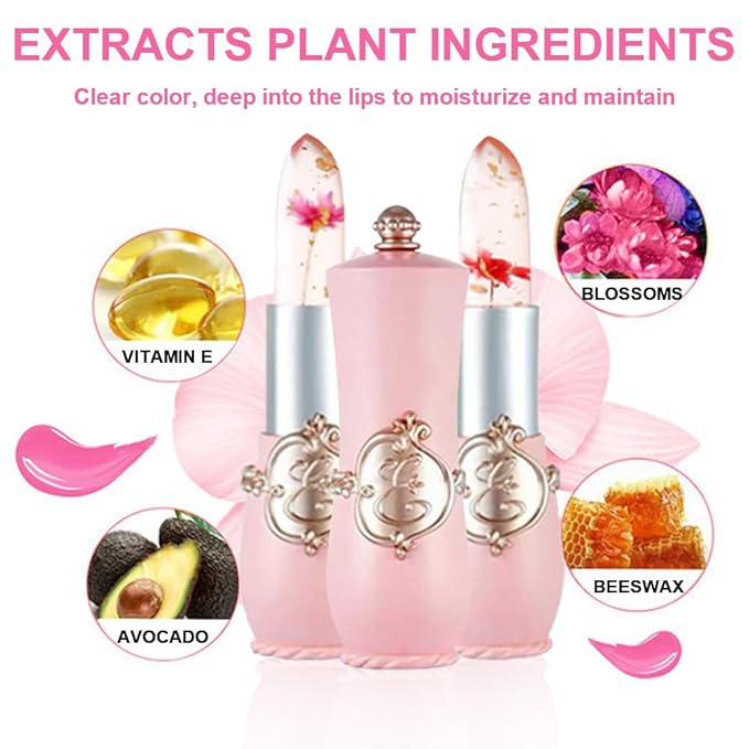 BINGBRUSH 2Pcs Color Changing Lipstick,Pink Crystal Flower Jelly PH Mood Long Lasting Labiales Lip Care Moisturizer Lip Balm Korean Magic Lip Gloss Makeup Lipstick Set for Women