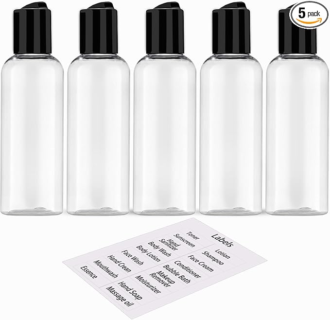 5 Pack 3.4 oz Travel Bottles for Toiletries TSA Approved Leakproof Plastic Empty Travel Size Bottles Containers with Labels