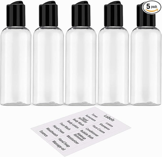 5 Pack 3.4 oz Travel Bottles for Toiletries TSA Approved Leakproof Plastic Empty Travel Size Bottles Containers with Labels