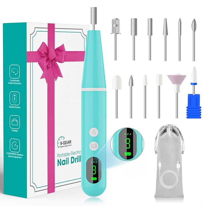Cordless Nail Drill, Super Lightweight Electric Nail File, Low Noise Electric Nail Drill with 9 Speed & LCD Display, Wireless Toenail Grinder for Thick Nail Toenail Cuticle Human Women Baby Pets