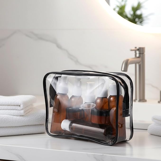 Cosywell Travel Size Bottles for Toiletries 13 Pack TSA Approved Toiletry Bottles Leak Proof Travel Kit for Women Men TSA Clear Toiletry Bag Shampoo Lotion Skincare Cosmetic Container（Brown）