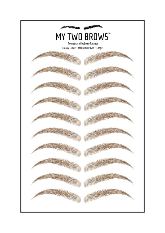 (10 pairs) Medium Brown Temporary Eyebrow Tattoo - Large Size - Waterproof & Smudgeproof - Classy Curve Style Eyebrow Stickers - Sheet Lasts up to 30 Days - Won't Work on Existing Brows