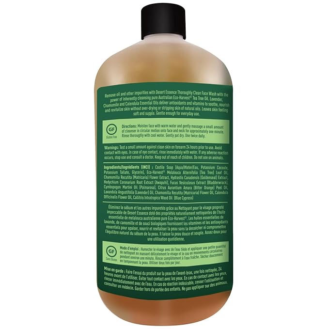 Desert Essence Thoroughly Clean Face Wash with Tea Tree Oil, Castile Soap and Coconut Oil - Organic Facial Cleanser for Sensitive and Oily Skin, Vegan & Cruelty-Free, 32 fl oz