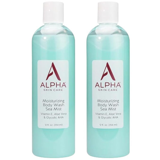 Alpha Skin Care Moisturizing Body Wash, Gentle Soap-Free Anti-Aging Formula, Glycolic AHA, Vitamin E & Aloe Vera, Conditions & Soothes, All Skin Types Hydroxy Acid, 12 Oz, Pack of 2