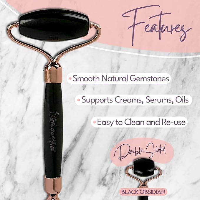 CELESTIAL SILK Black Obsidian Face Roller - Premium Anti Aging Beauty Tool for Depuffing, Genuine Volcanic Glass Gemstone Facial Roller