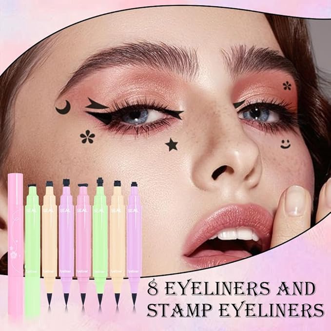 8 Pcs Double-Side Black Liquid Eyeliner Stamp Pens Set,Triangle Wing Eye Tail Cat Eye Stamp Makeup, Long Lasting Liquid Eye Liner,Waterproof & Smudgeproof Makeup (Black-1, 8Pack)