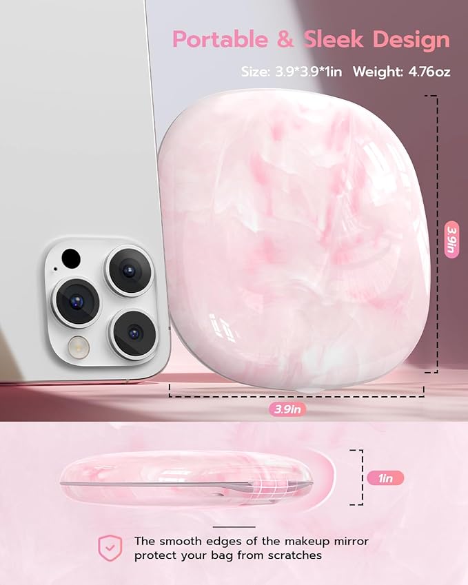 Benbilry 3.9" Rechargeable Compact Makeup Mirror with 3 Light Colors and Magnification 1X / 10X, Double Light Strip Dimmable Small LED Travel Mirror for Purse, Pink and White