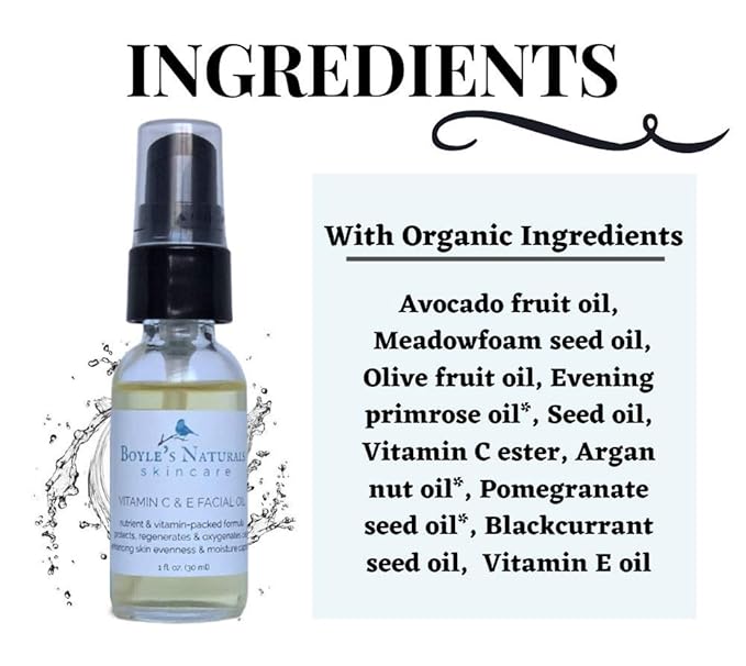 Boyle's Naturals Vitamin C & E Facial Oil Moisturizer for Women - Organic Essential Oil with Rosehip for Dry, Sensitive, Oily, Mature Skin - Skin Care for Wrinkles, Pigmentation, Dark Spot - 1 Oz