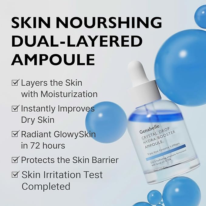 Crystal Drop Hydra Booster Ampoule – Hydrating Serum with Hyaluronic Acid, Panthenol & Jojoba Oil for Skin Barrier and Glow – 1.01 fl.oz