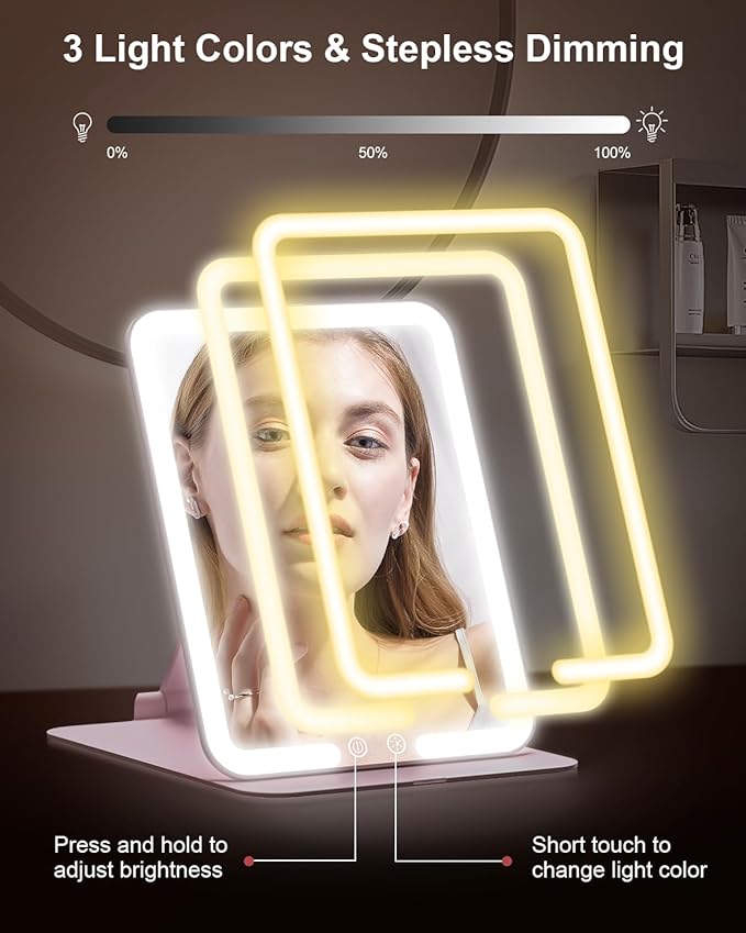 Gospire Travel Makeup Mirror with Lights and Magnification 10X, Portable Make Up Compact Tabletop Mirror with Adjustable Stand, 3 Colored Lights Rechargeable Lighted LED Vanity Mirror - Pink