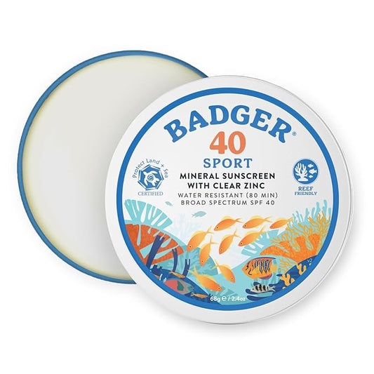 Badger Reef Safe Sunscreen Tin, Unscented SPF 40 Sport Mineral Sunscreen, 98% Organic, 80min Water Resistant Travel Size Hawaii Approved, 2.4 oz Tin