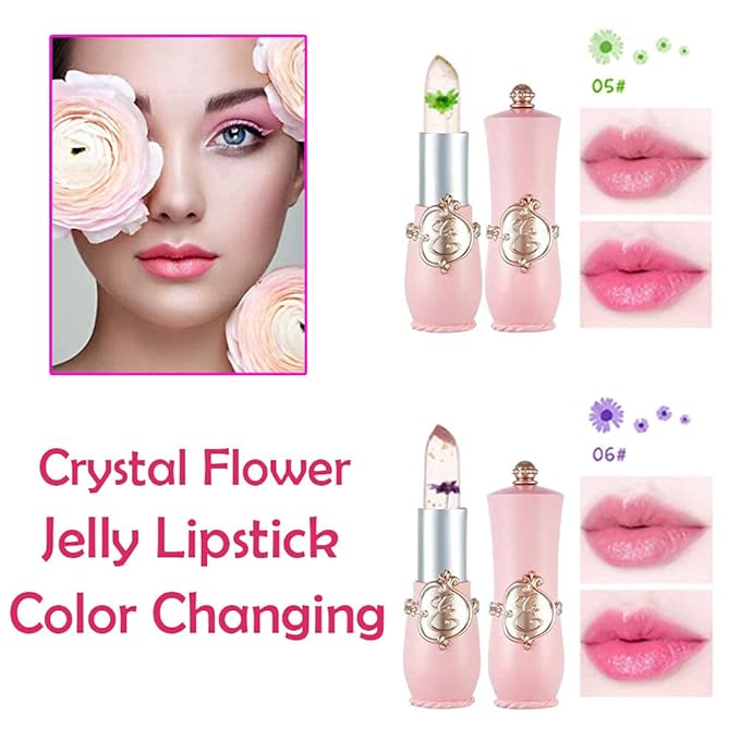 BINGBRUSH 2Pcs Ph Lipstick Color Changing,Pink Crystal Jelly Flower Clear Mood Long Lasting Labiales Lip Care Moisturizer Lip Balm Korean Magic Lip Gloss 24 Hours Lip Tinted Stain Makeup Set for Women