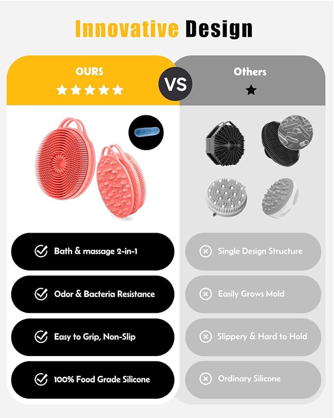 2 in 1 Silicone Body Scrubber, Anti Cellulite Massage Scrubber, Exfoliating Shower Brush for Men & Women, Removes Dead Skin, Reduces Cellulite, Improves Circulation, Fast Dry, Non Slip (1PC, Pink)