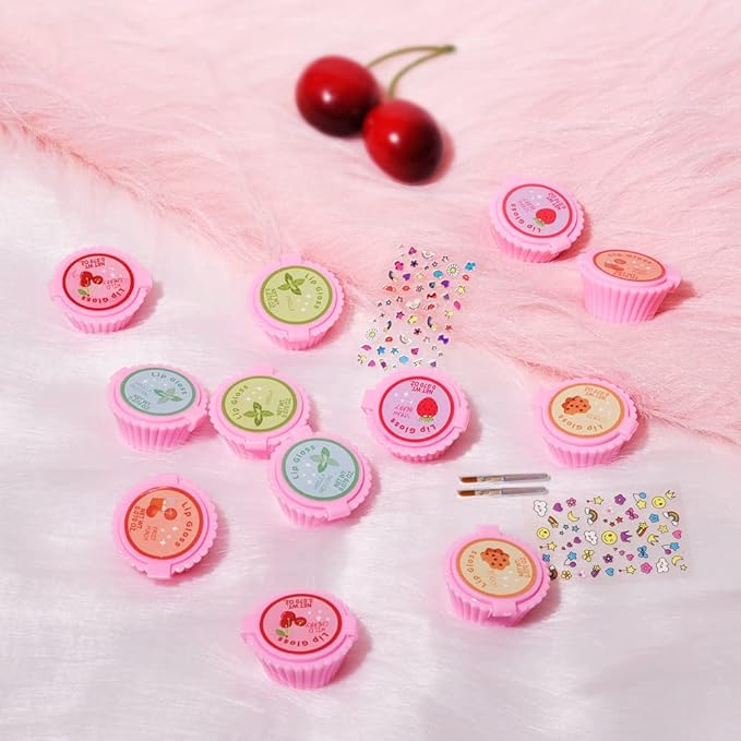 12 Pcs Cupcake Lip Gloss for Girls Party Favors Lip Balm Set Assorted Fruity Favors Cute Cupcake Designs Birthday Gift