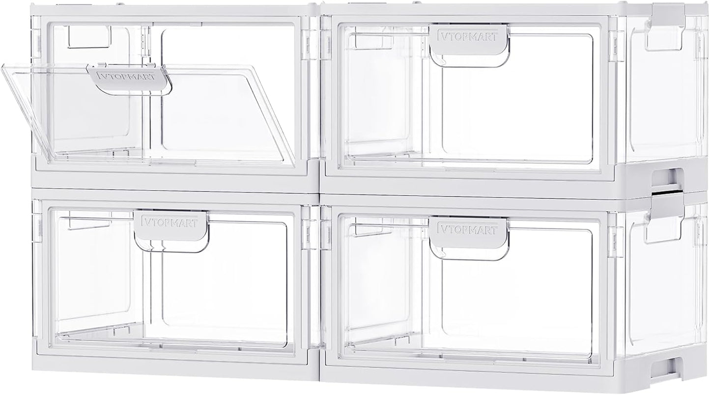 Vtopmart 4 Pack Stackable Storage Bins with Lids,24QT Clear Foldable Closet Organizer with Front-Open Doors,Plastic Storage Containers for Living Room, Bedroom, Craft Room, Dorm Organization