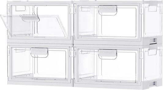 Vtopmart 4 Pack Stackable Storage Bins with Lids,24QT Clear Foldable Closet Organizer with Front-Open Doors,Plastic Storage Containers for Living Room, Bedroom, Craft Room, Dorm Organization