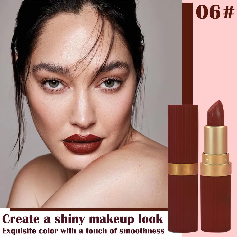 Brown Metallic Lipstick for Women,Lightweight Shimmer Frosted Lipstick,Glitter Lip Gloss Stain Long Lasting Waterproof Smudge Proof 24 Hour Full Coverage Lip Makeup,Vegan