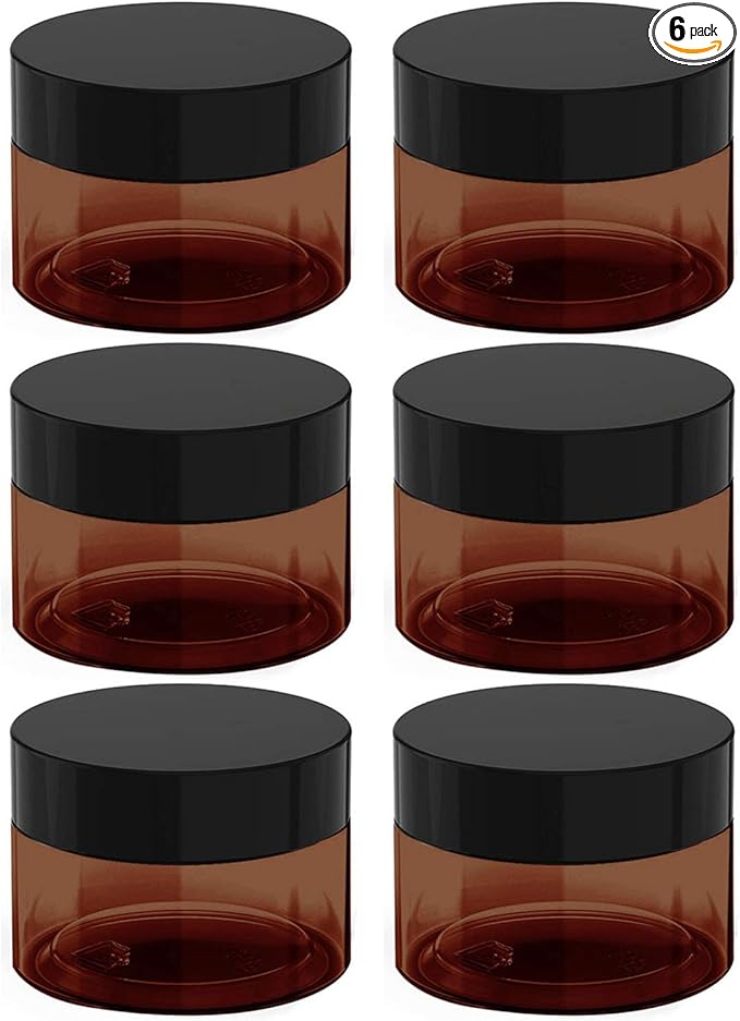 4 oz Amber Plastic Cosmetic Jars Leak Proof Container with Black Lid for Cream, Lotion, Powder, ointment, Beauty Products etc, 6 Pcs.