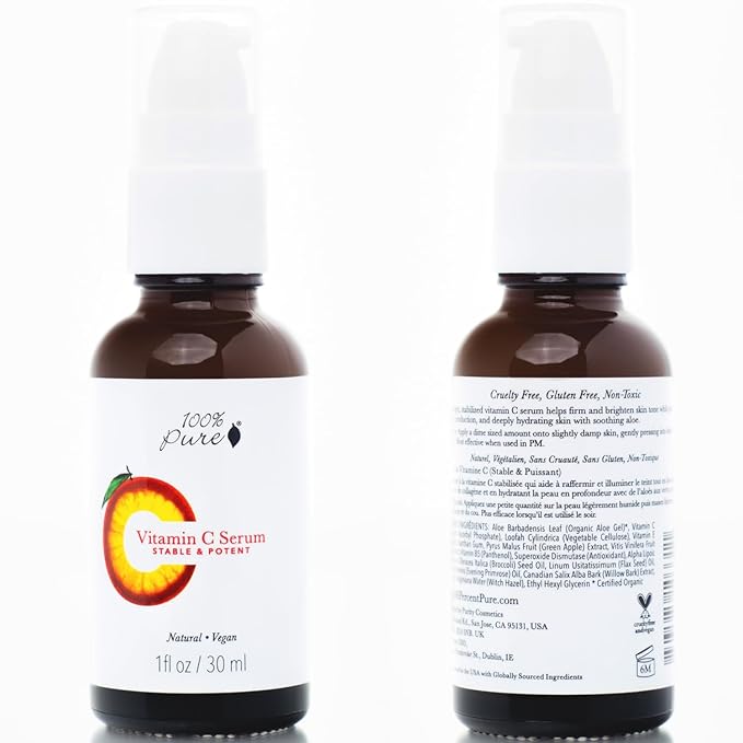 100% PURE Vitamin C Face Serum Hydrating Glow Skin Care with ALA Aloe + Vitamin E Oil - Daily Firming & Correcting Anti Aging Facial Moisturizer for Women & Men All Skin Types, Vegan - 1 Fl Oz