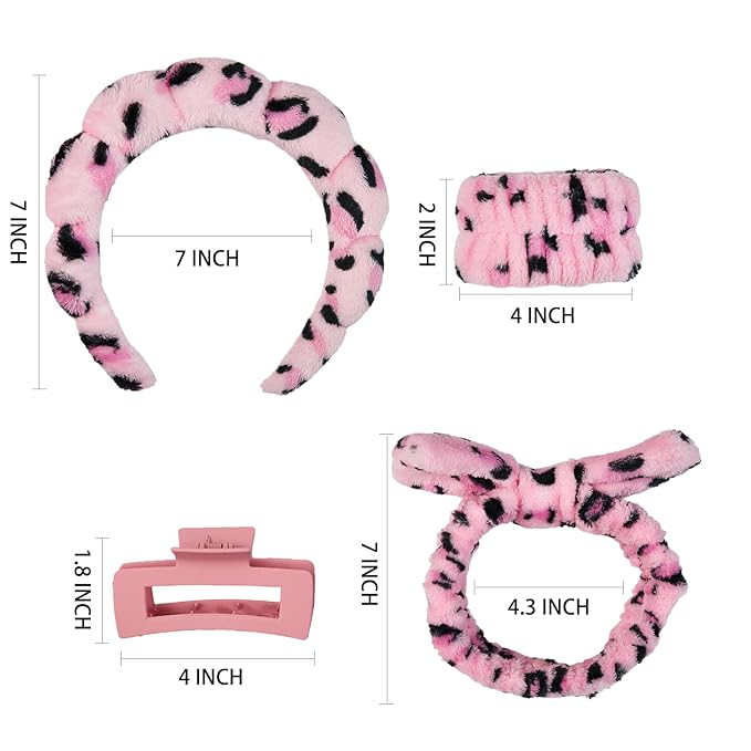 7 Pcs Spa Set, Facial Headband and Wristband Set, Skincare Accessories, College Style Girl Gift, Hair Accessories for Women and Girls（Leopard Print Pink）