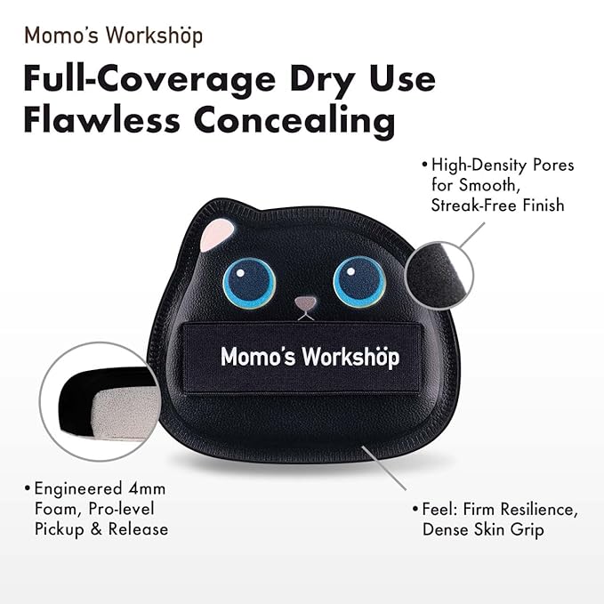 Black Cat Toto Airy Marshmallow Puff,Makeup Sponge,Rubycell Material,Pointed Tip for Concealer + Flat Side for Foundation, Longwear Makeup, Travel Friendly & Reusable,2pcs Puffs & Storage Case