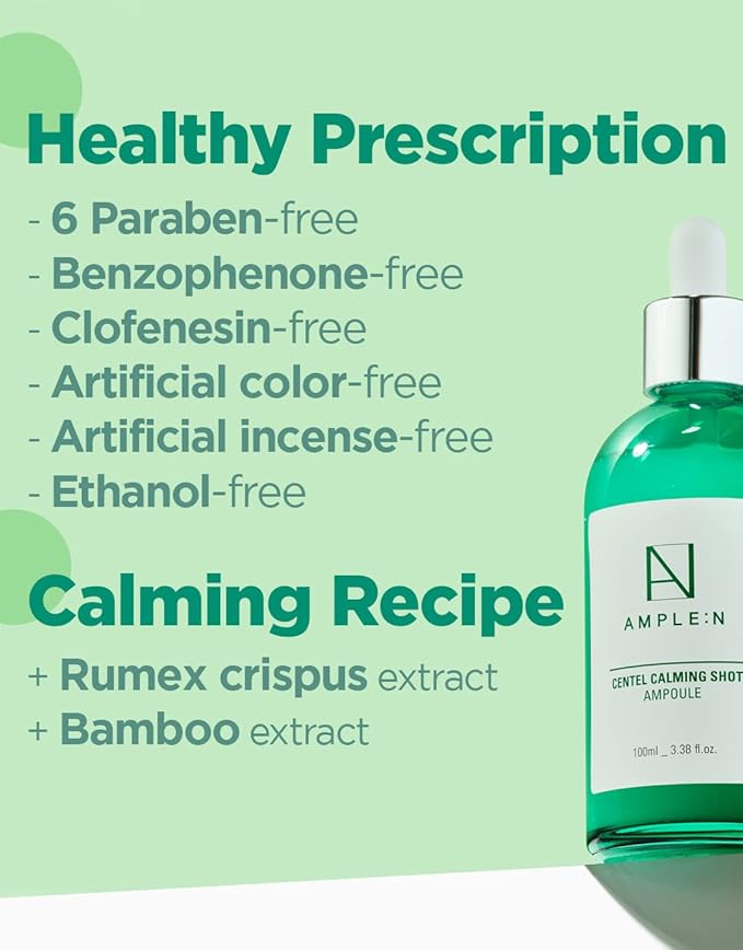AMPLE:N Centel Calming Shot Ampoule - Korean Soothing Face Serum with Centella Asiatica to Calm Irritated & Sensitive Skin - Redness Relief, Acne Spot Treatment & Moisturizing, 3.38 fl.oz.
